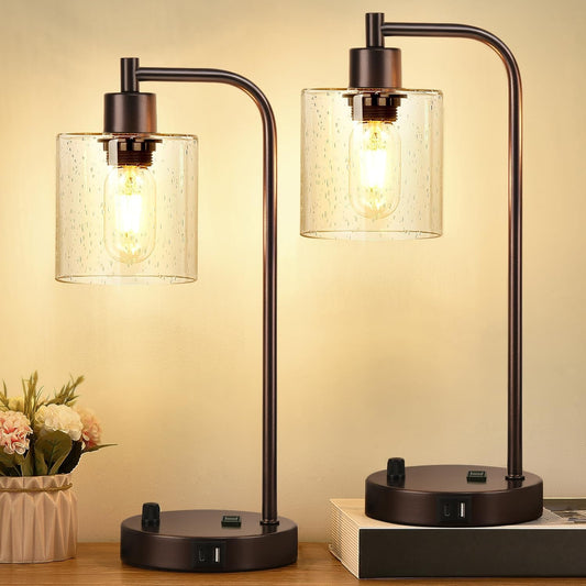 Bronze Table Lamps with 2 USB Ports, Set of 2