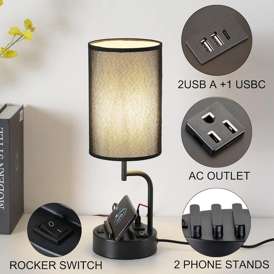 Modern Lamp with 3 USB Charging Ports & AC Outlet