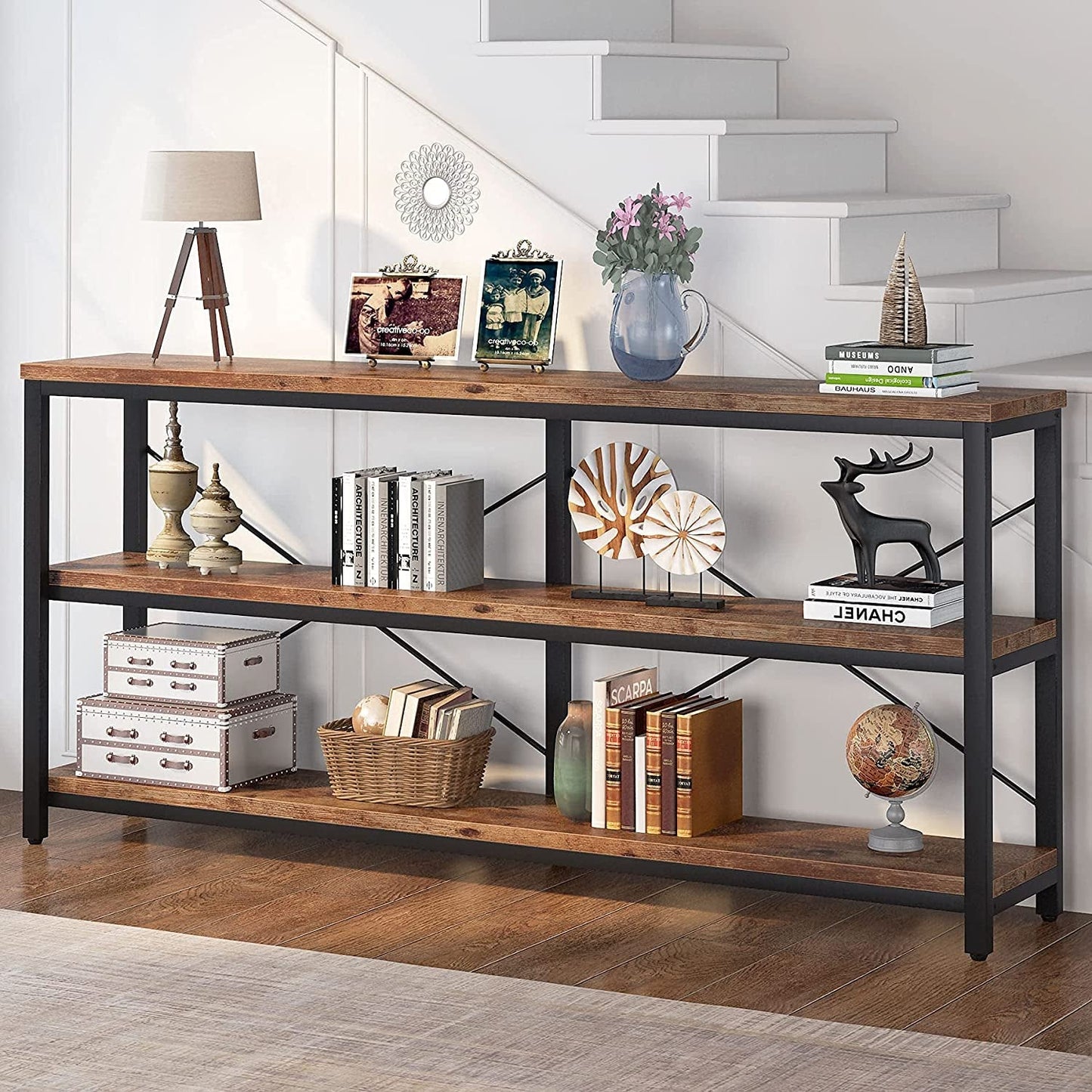 Long Narrow Sofa Table with Storage Shelves