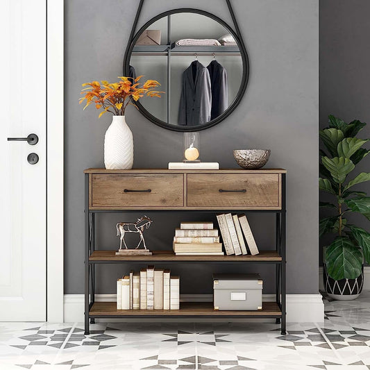 Rustic Brown Industrial Console Table with Storage Shelves