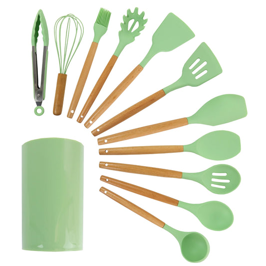 Mint Green Silicone and Wood Cooking Utensils, Set of 12