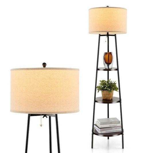 Modern Floor Lamp 3-Tier Bookcase Shelf with Round Drum Linen