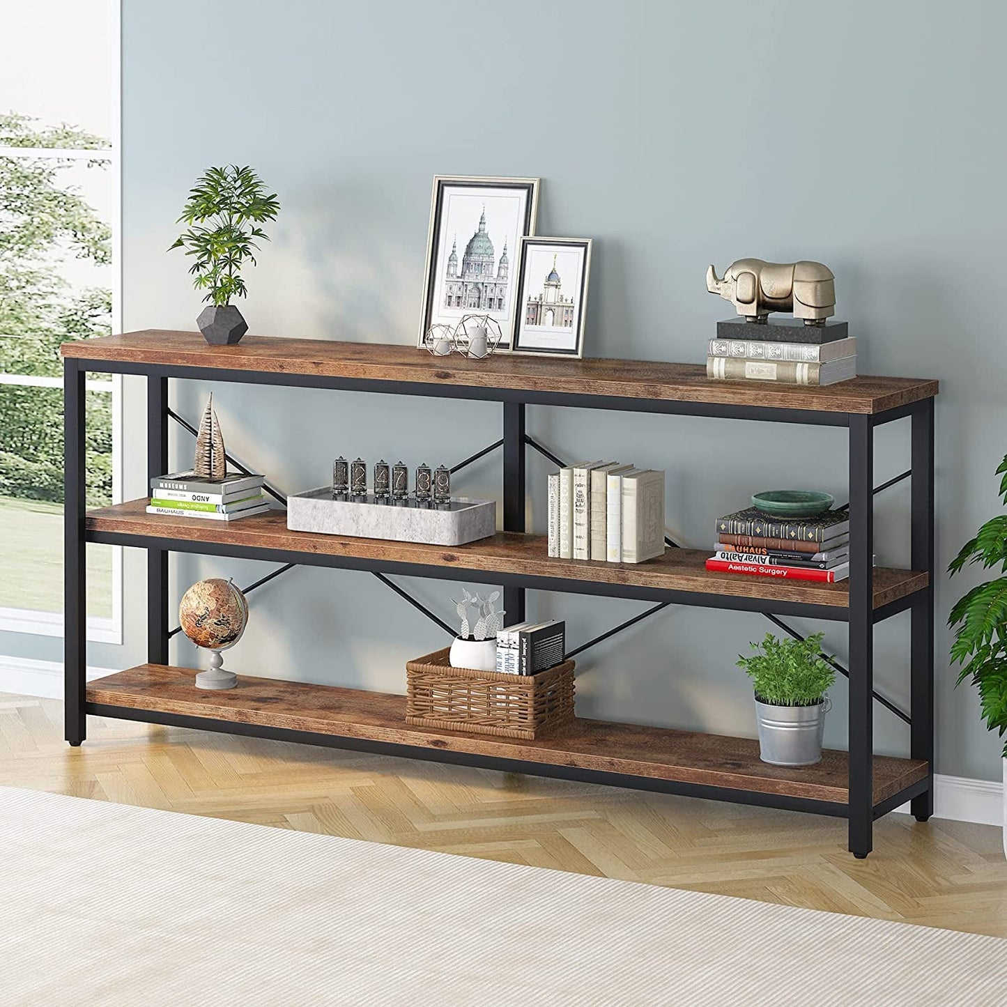 Long Narrow Sofa Table with Storage Shelves