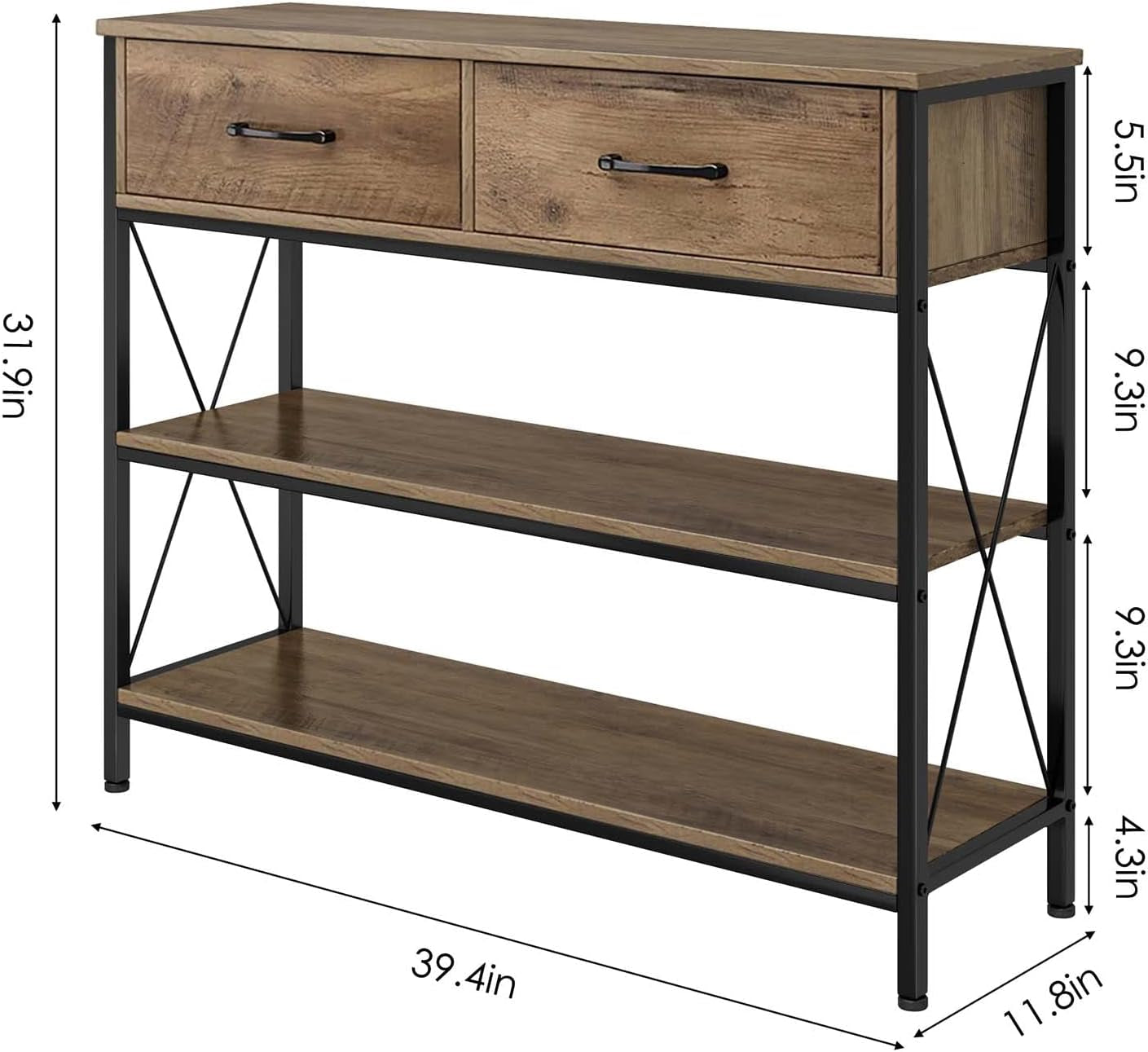 Rustic Brown Industrial Console Table with Storage Shelves