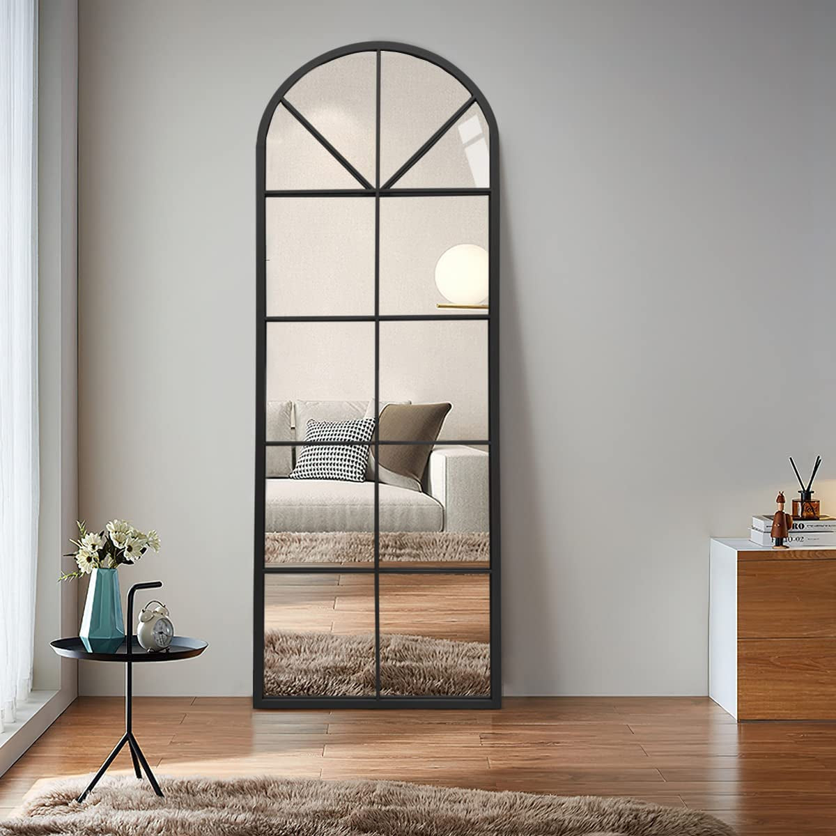 Black Arched-Top Large Window Pane Mirror