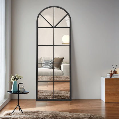 Black Arched-Top Large Window Pane Mirror