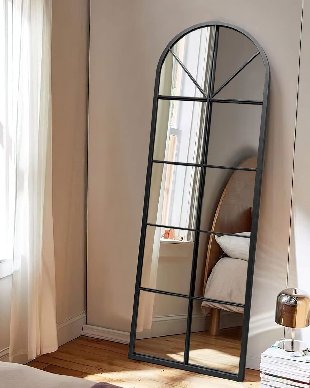 Black Arched-Top Large Window Pane Mirror